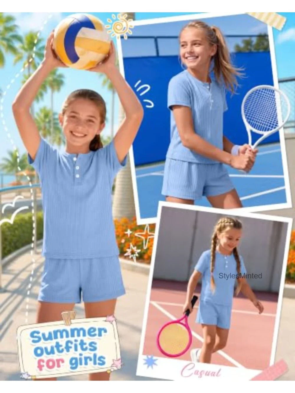 Girls 2 Piece Cotton Summer Outfit Set - Short Sleeve Top & Shorts, Henley